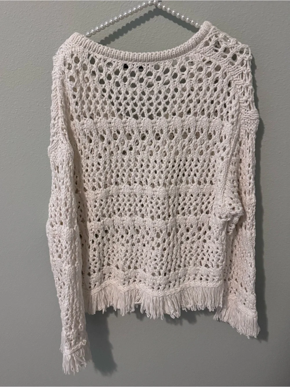 Zara Cream Open-Weave Fringe Pullover